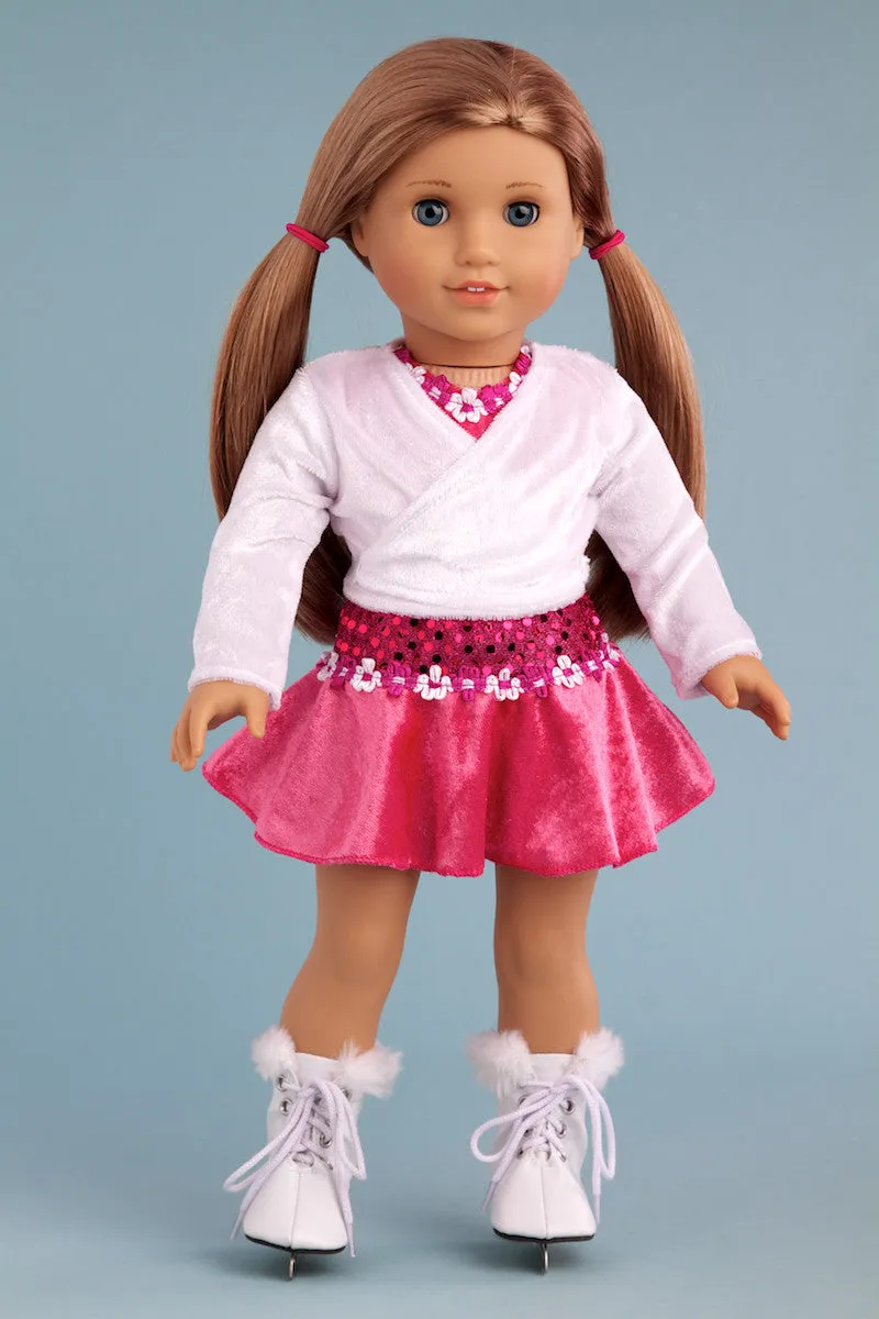 Ice Skating Girl - Clothes for 18 inch Doll - 2 in 1 Set - Hot Pink Leotard with Skirt, Ivory Warm Up Sweater and a Pair of White Ice Skates