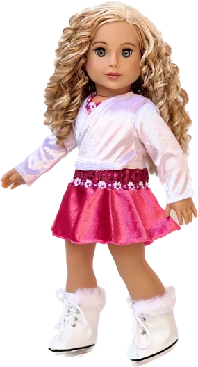 Ice Skating Girl - Clothes for 18 inch Doll - 2 in 1 Set - Hot Pink Leotard with Skirt, Ivory Warm Up Sweater and a Pair of White Ice Skates