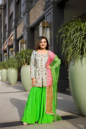 Jewel Sequined Gray-Lime Sharara Set