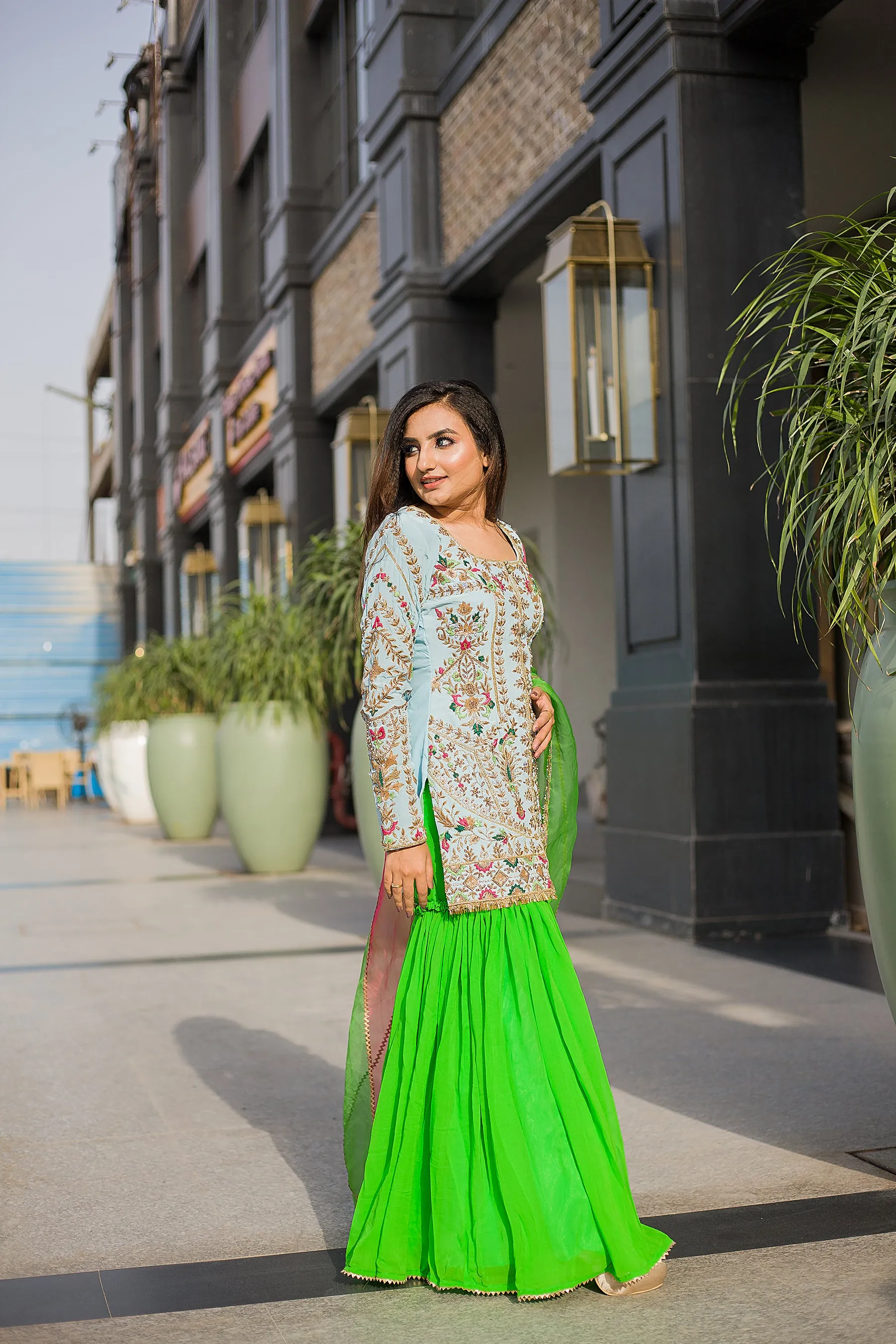 Jewel Sequined Gray-Lime Sharara Set