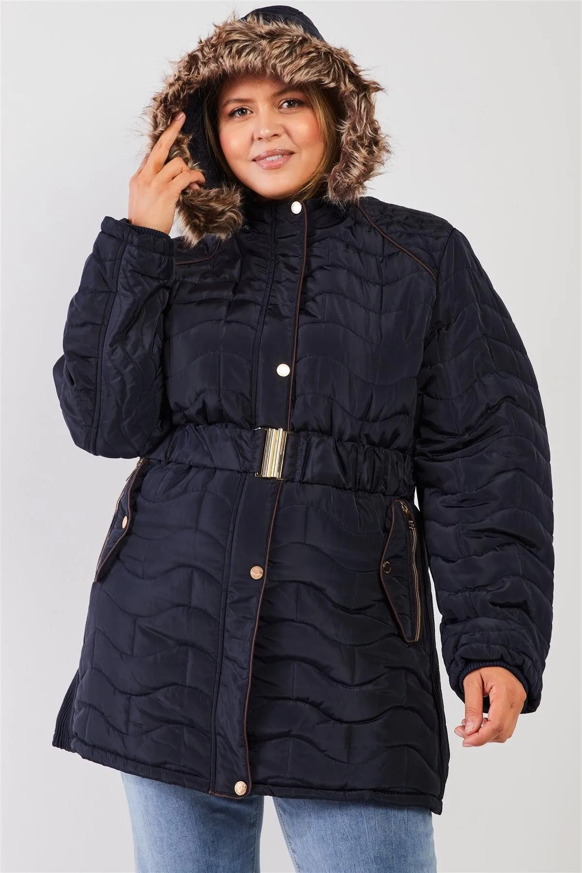 Junior Plus Navy Wavy Brick Quilt Faux Fur Hood Belted Padded Long Puffer Jacket