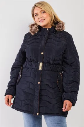 Junior Plus Navy Wavy Brick Quilt Faux Fur Hood Belted Padded Long Puffer Jacket