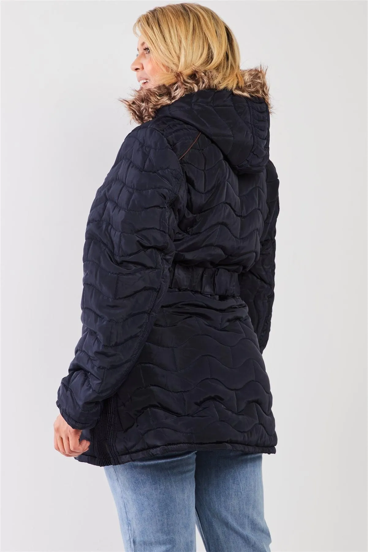 Junior Plus Navy Wavy Brick Quilt Faux Fur Hood Belted Padded Long Puffer Jacket