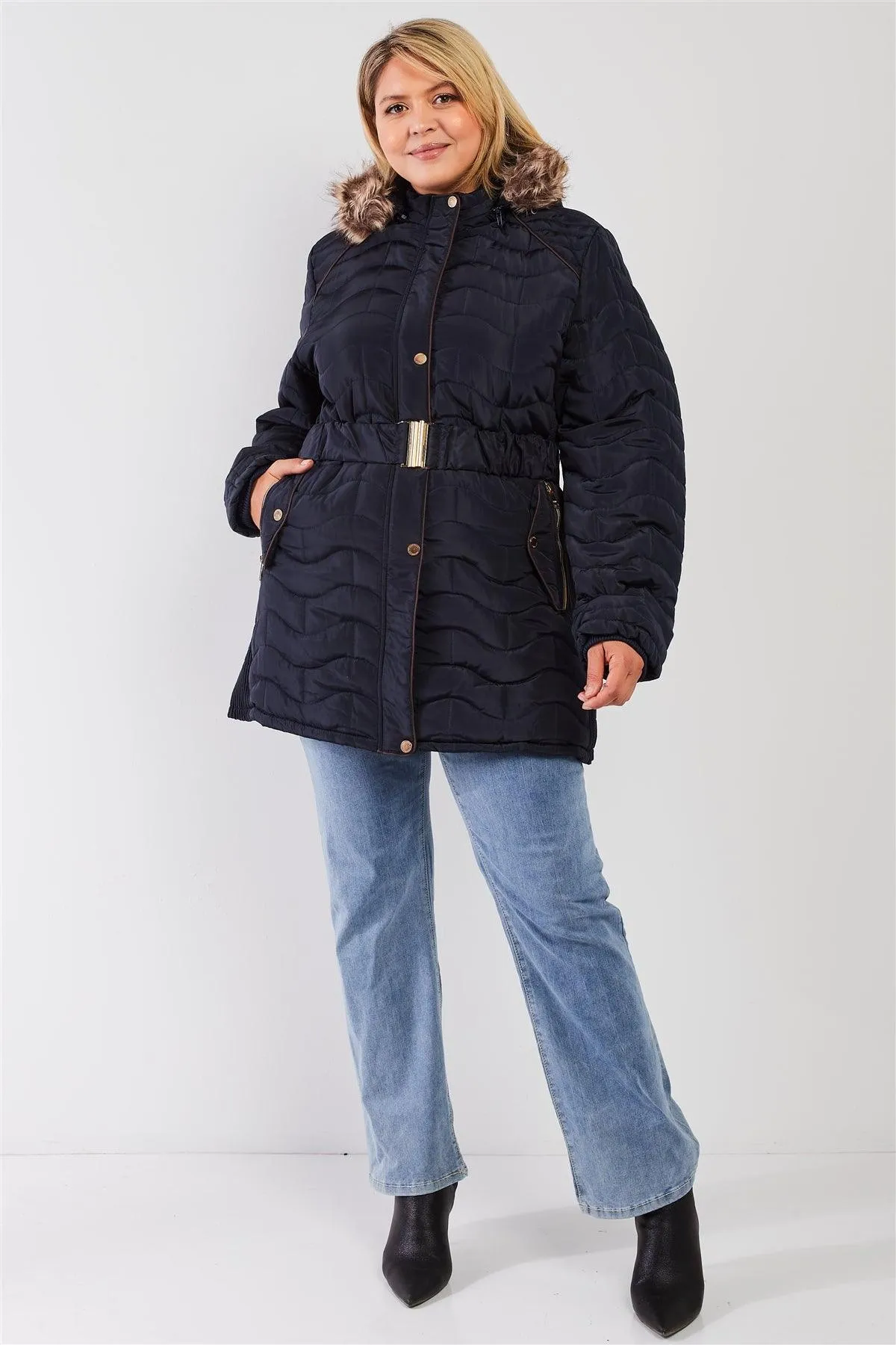 Junior Plus Navy Wavy Brick Quilt Faux Fur Hood Belted Padded Long Puffer Jacket