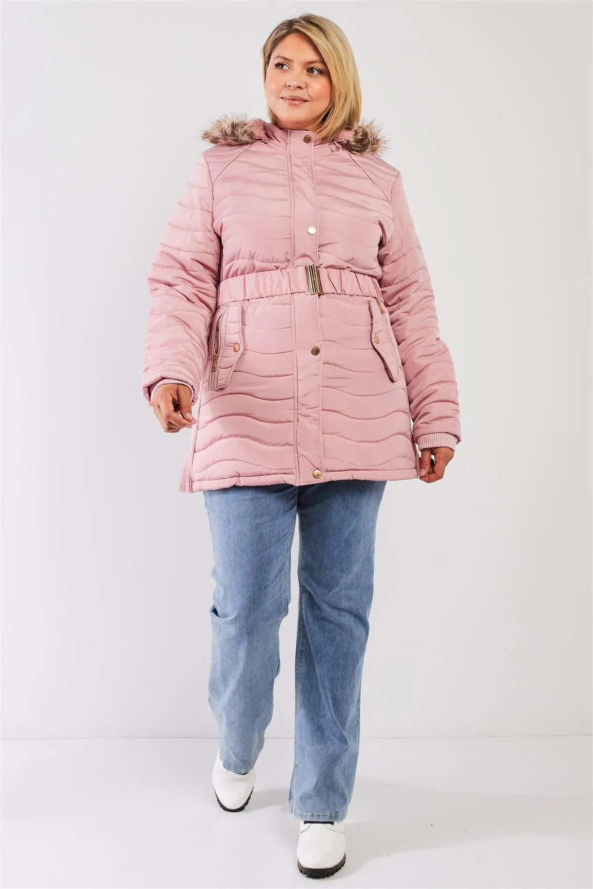 Junior Plus Pink Wavy Quilt Padded Faux Fur Detachable Hood Belted Long Puffer Jacket