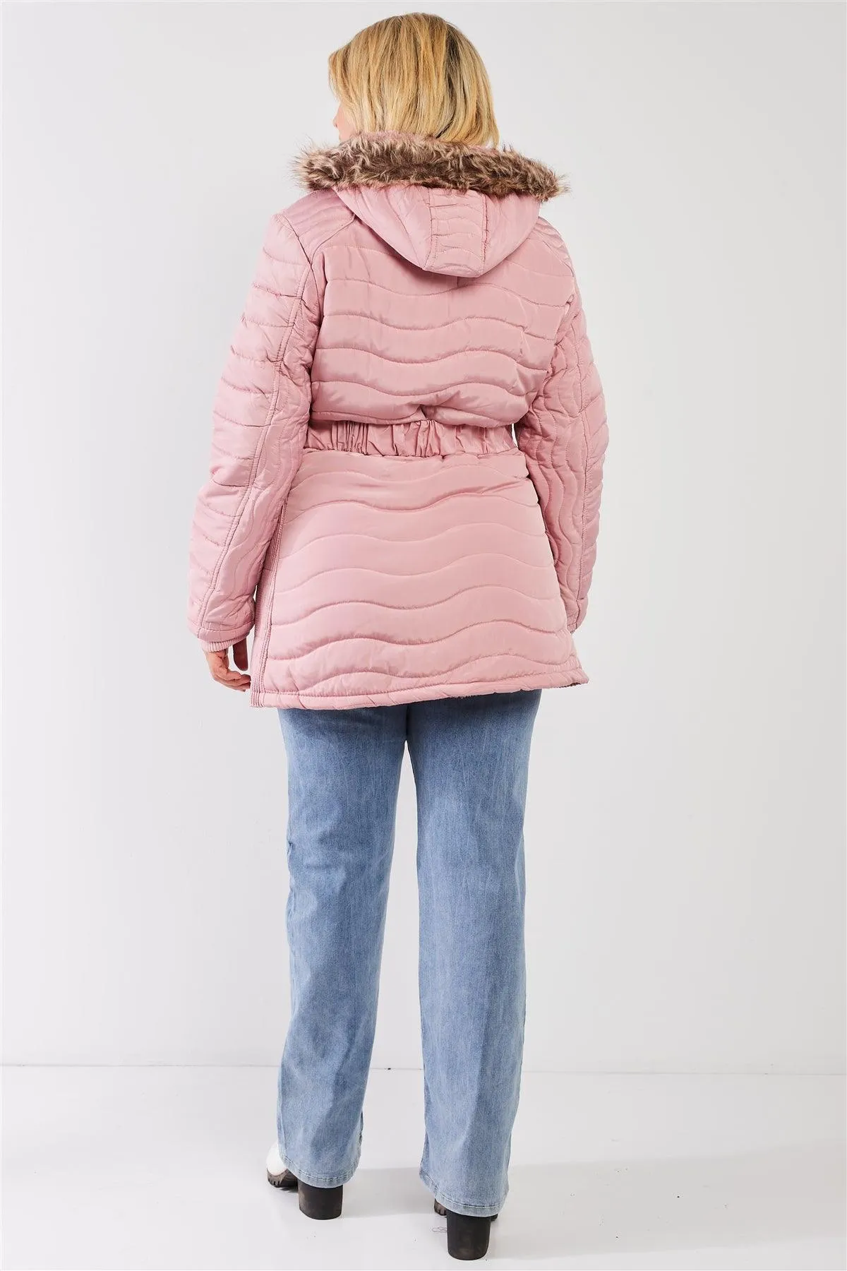 Junior Plus Pink Wavy Quilt Padded Faux Fur Detachable Hood Belted Long Puffer Jacket