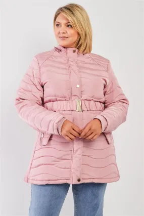 Junior Plus Pink Wavy Quilt Padded Faux Fur Detachable Hood Belted Long Puffer Jacket