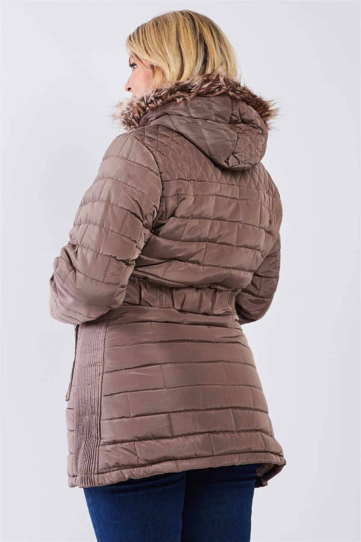 Junior Plus Taupe Brown Diamond Quilt Faux Fur Hood Belted Padded Long Puffer Jacket /2-2