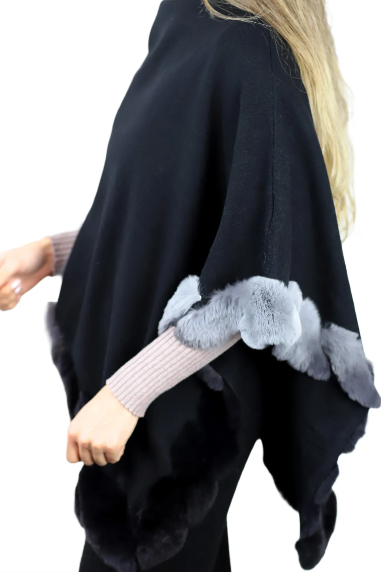 La Fiorentina | Asymmetrical Poncho with Ombre Fur Trim - Black