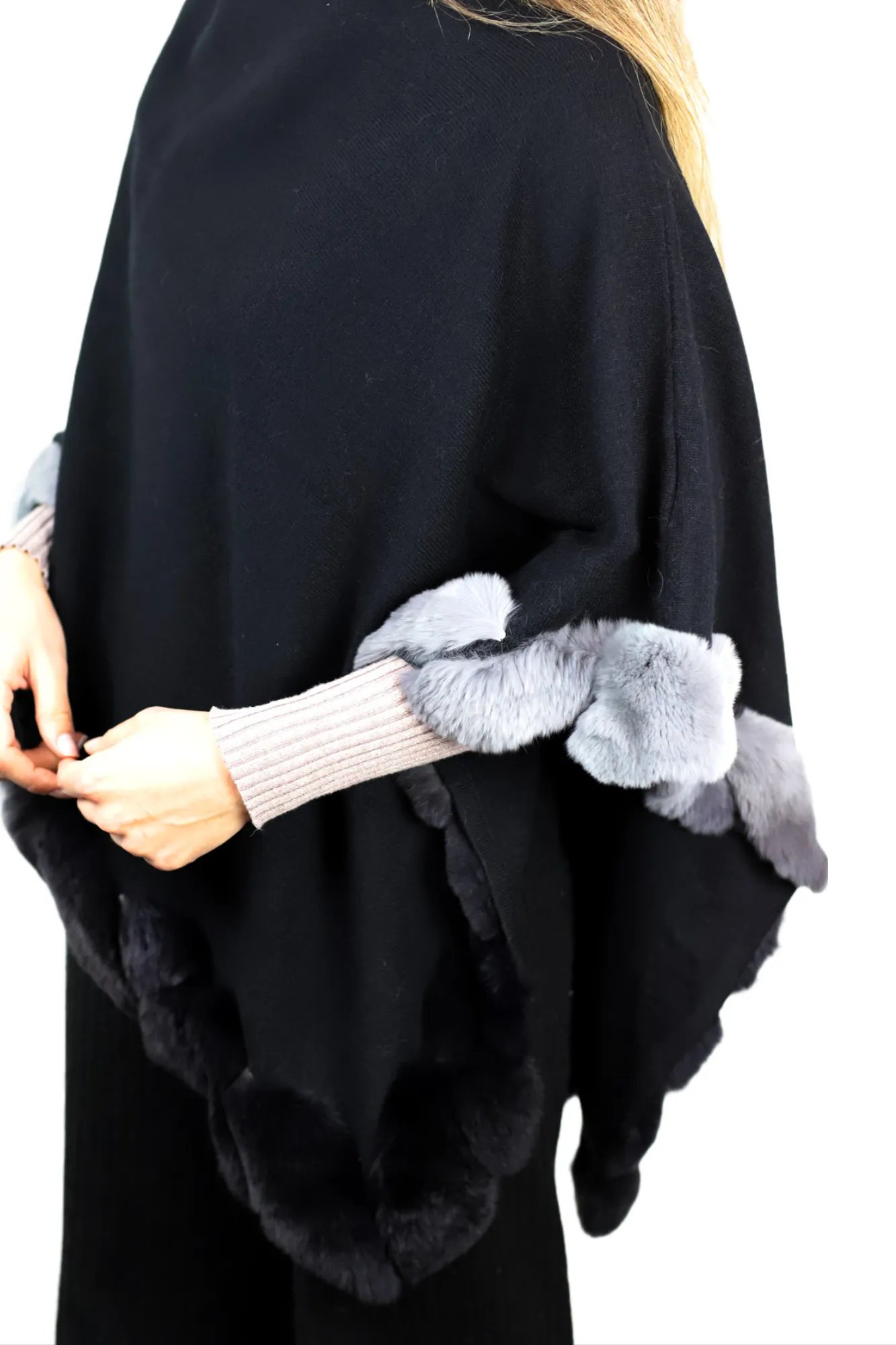 La Fiorentina | Asymmetrical Poncho with Ombre Fur Trim - Black