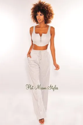 Light Gray Boned Hook & Eye High Waist Palazzo Pants Two Piece Set