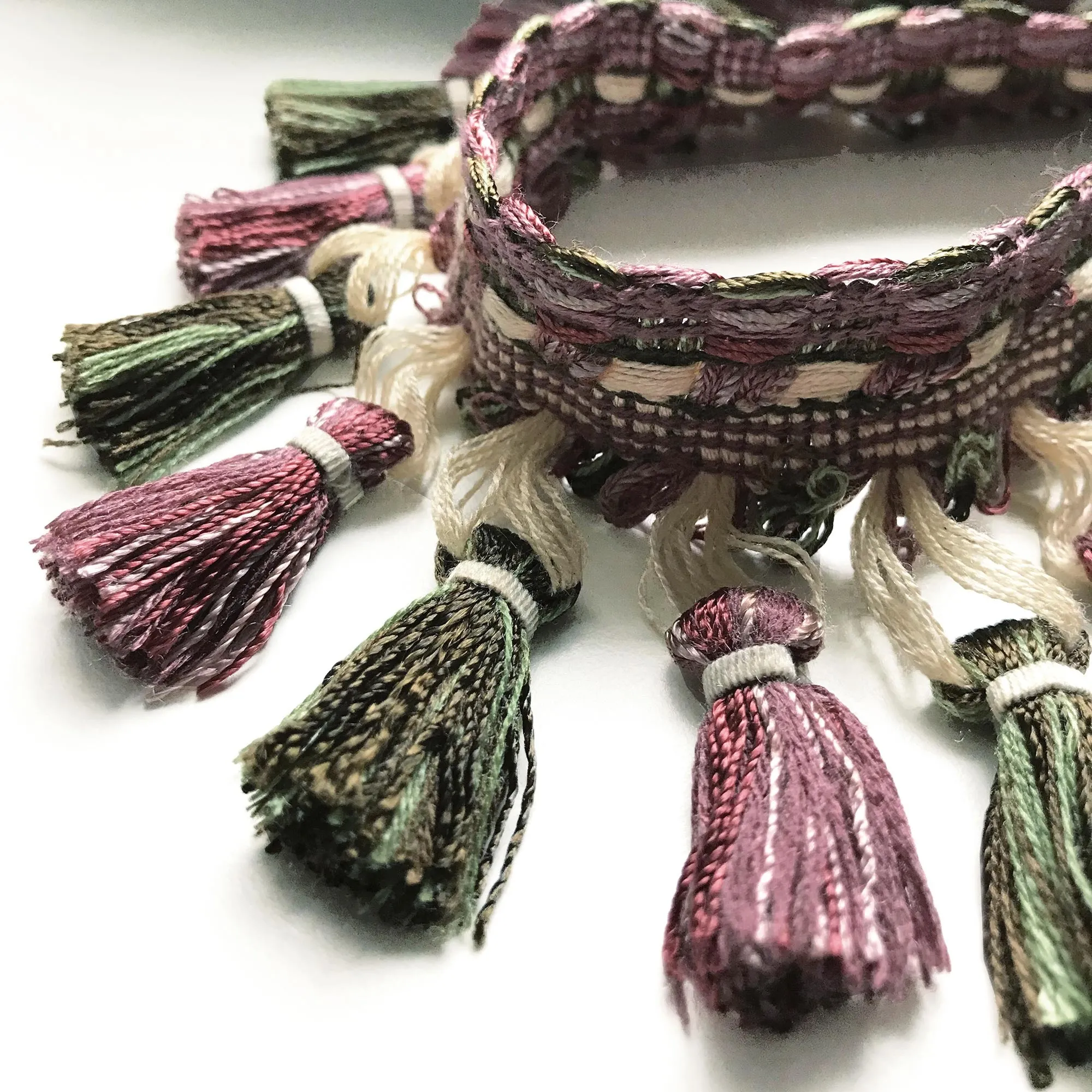 Lilac and Olive Green High Quality Decorative Tassel Trim by the yard