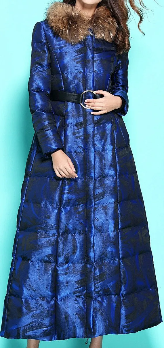 Long Blue Down-Fill Coat with Fur Collar