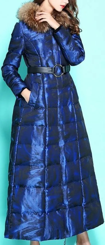 Long Blue Down-Fill Coat with Fur Collar