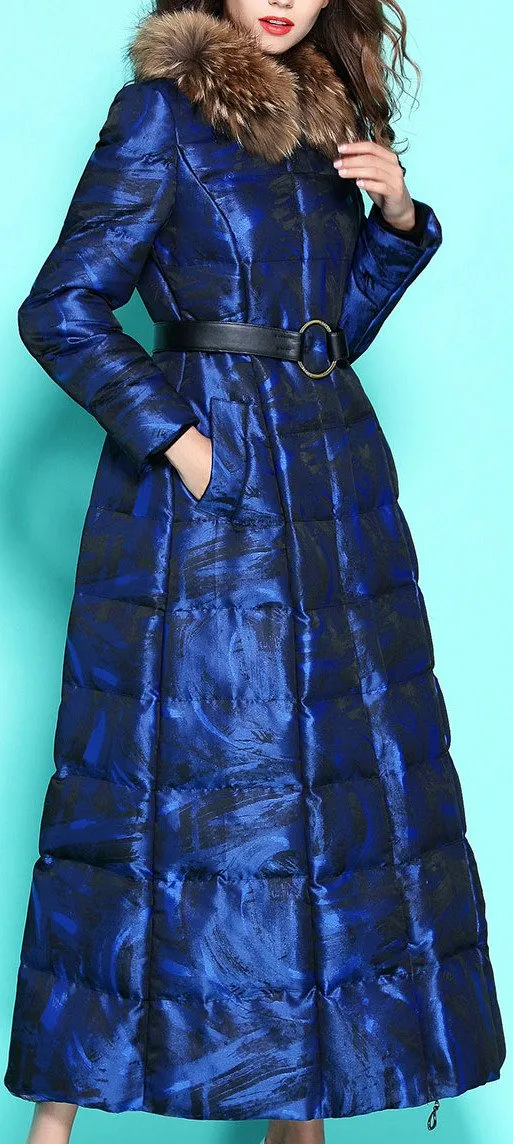 Long Blue Down-Fill Coat with Fur Collar