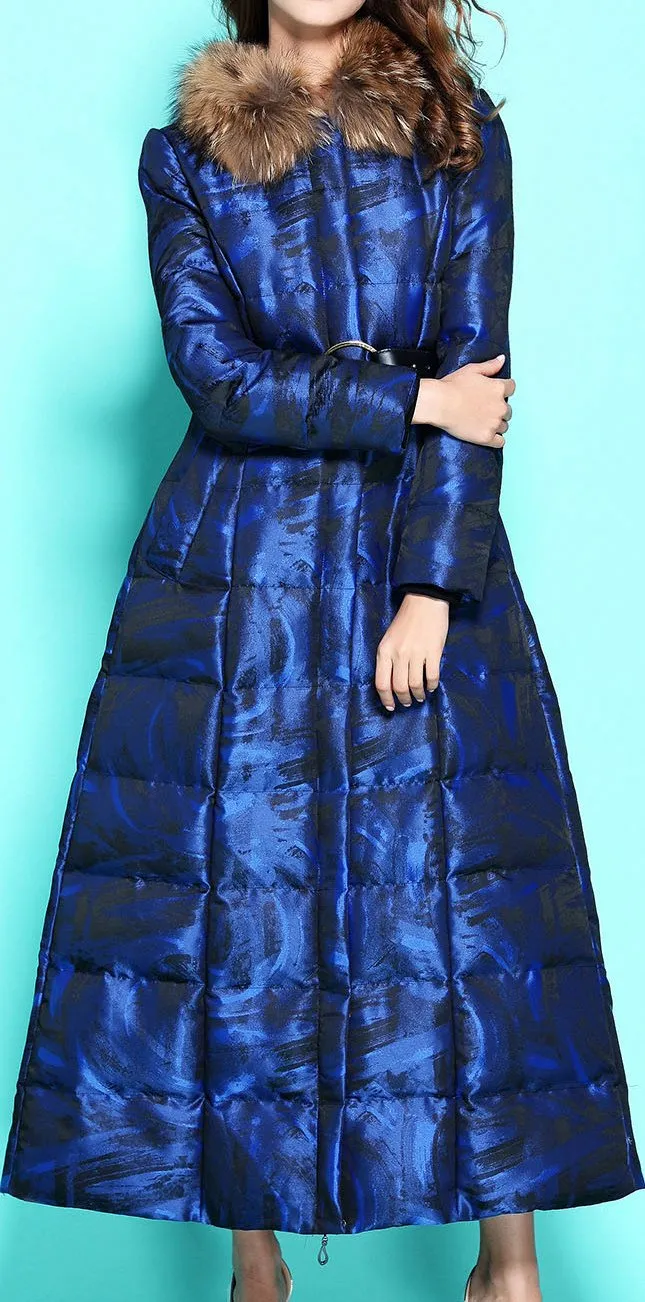 Long Blue Down-Fill Coat with Fur Collar