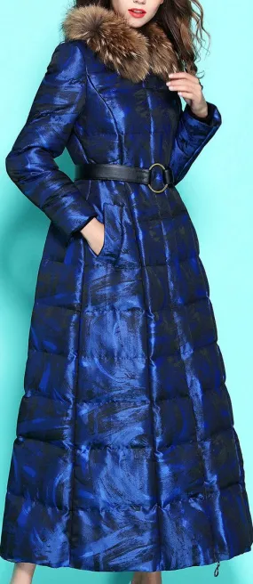 Long Blue Down-Fill Coat with Fur Collar