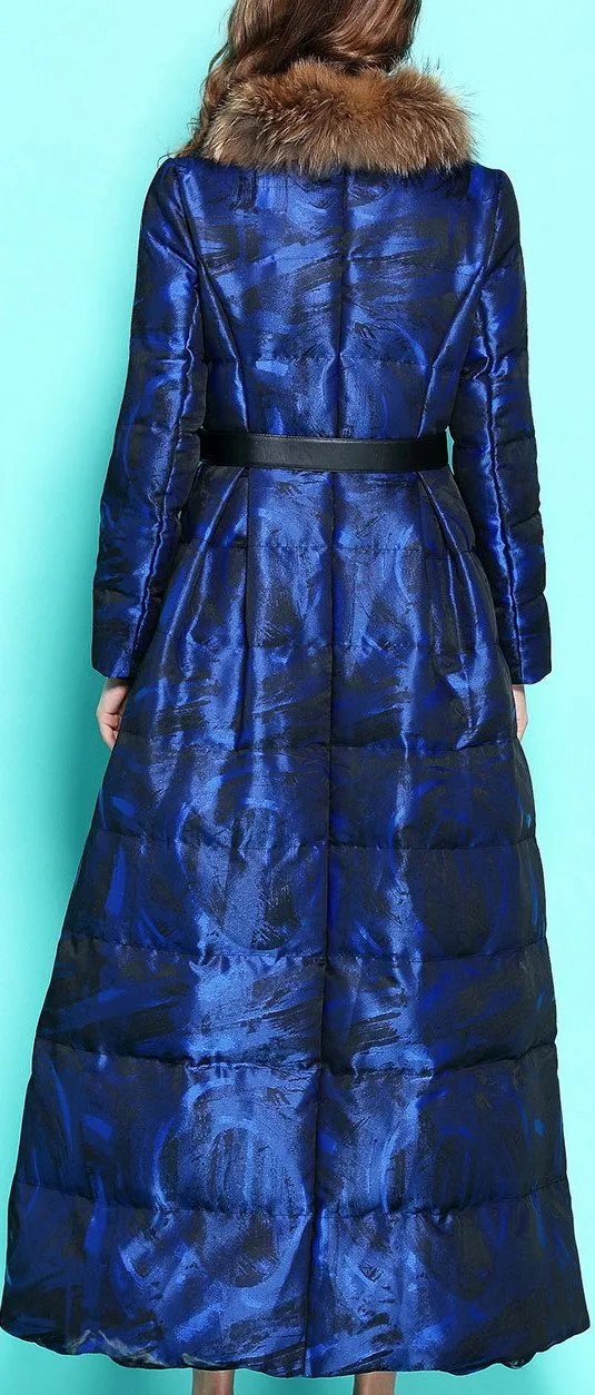 Long Blue Down-Fill Coat with Fur Collar