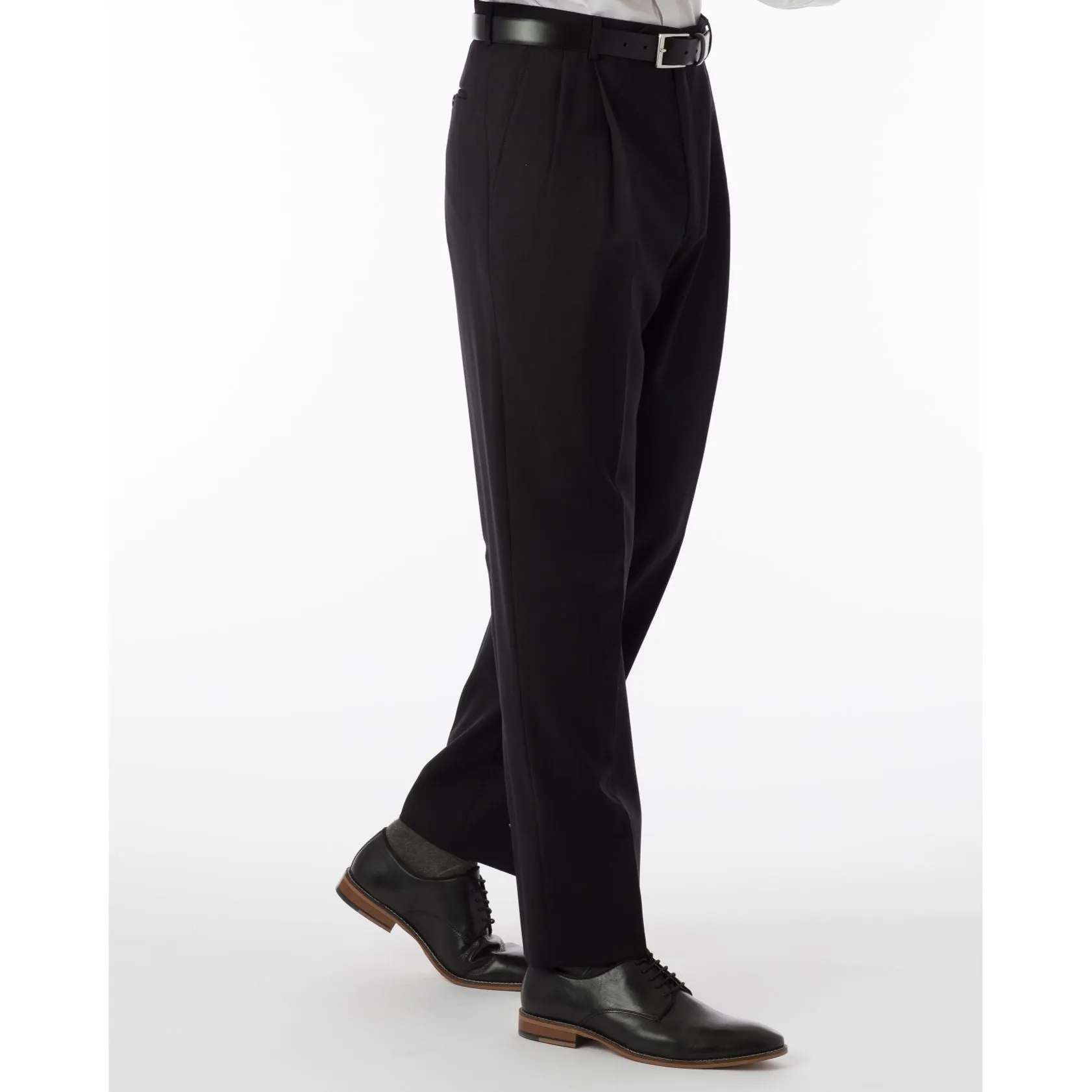 LONG FIT Super 120s Wool Gabardine Comfort-EZE Trouser in Black (Manchester Pleated Model) by Ballin