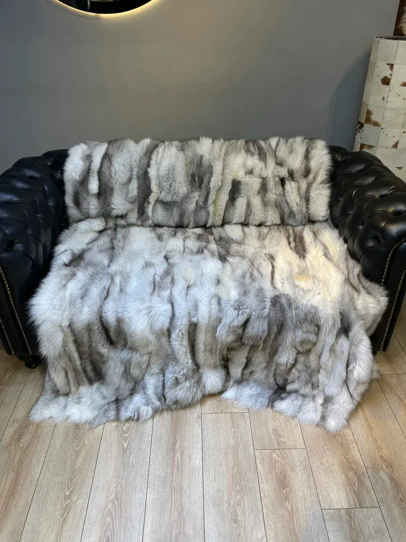 Luxury Canadian Gray Natural Fox Fur Blanket, 100% Handmade Shaggy Throw