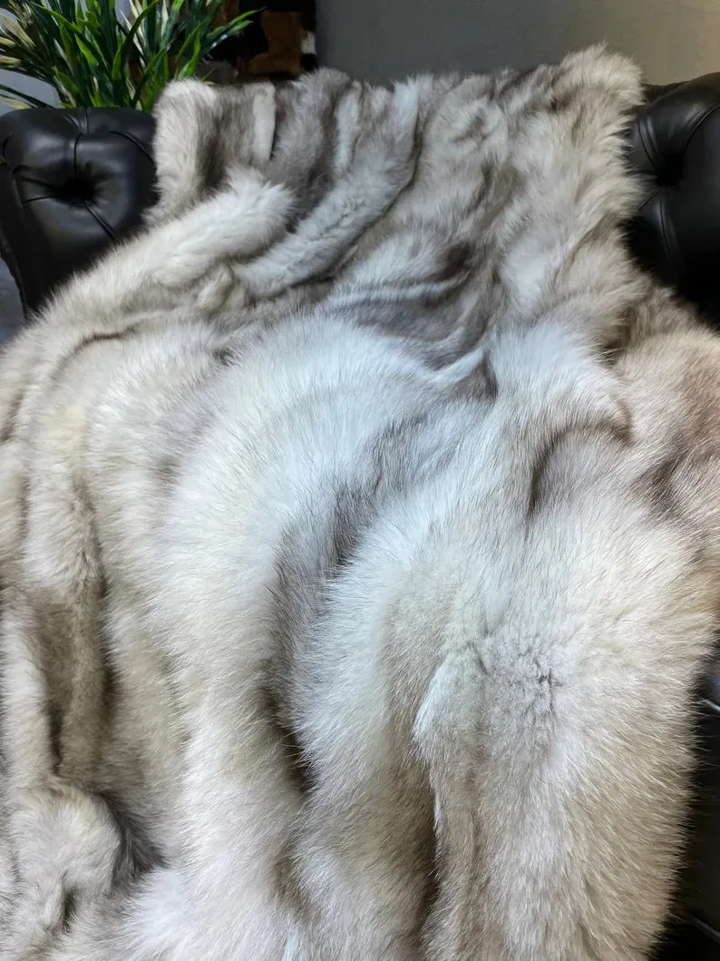 Luxury Canadian Gray Natural Fox Fur Blanket, 100% Handmade Shaggy Throw