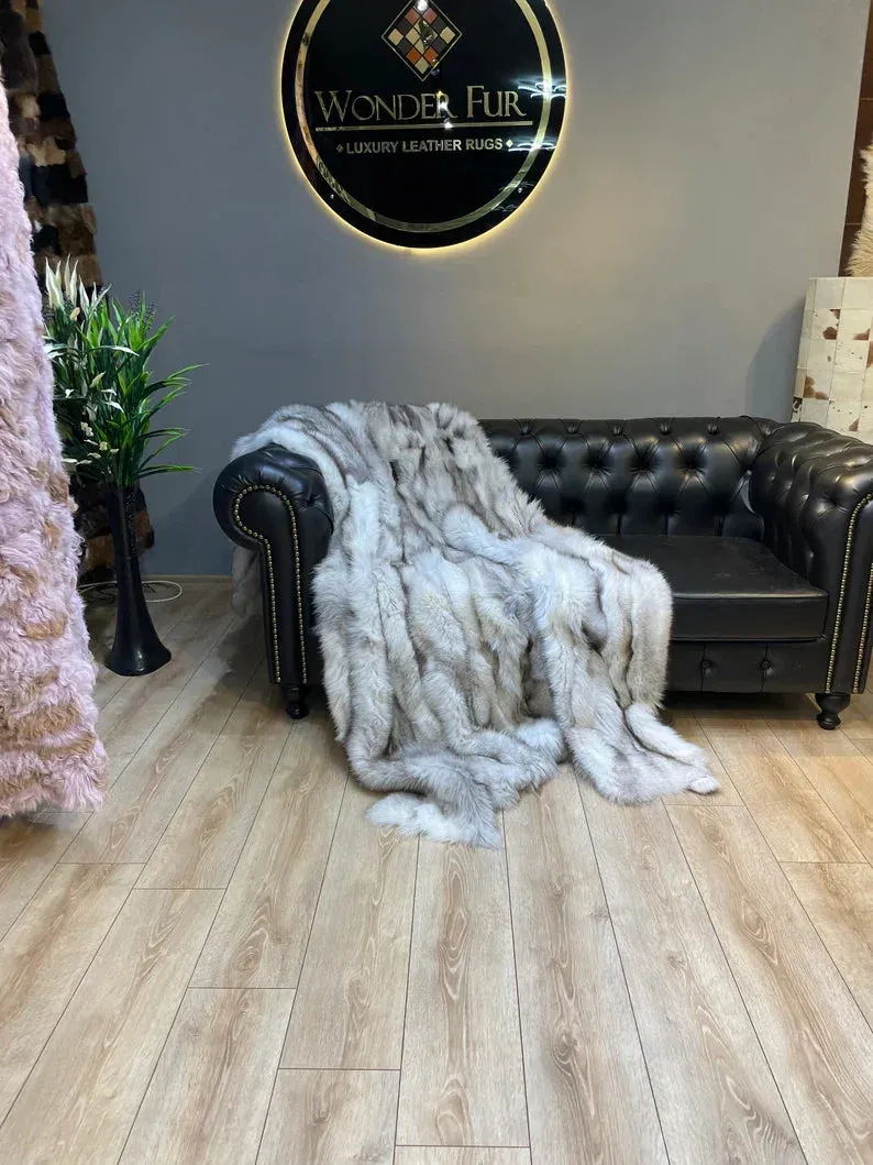 Luxury Canadian Gray Natural Fox Fur Blanket, 100% Handmade Shaggy Throw