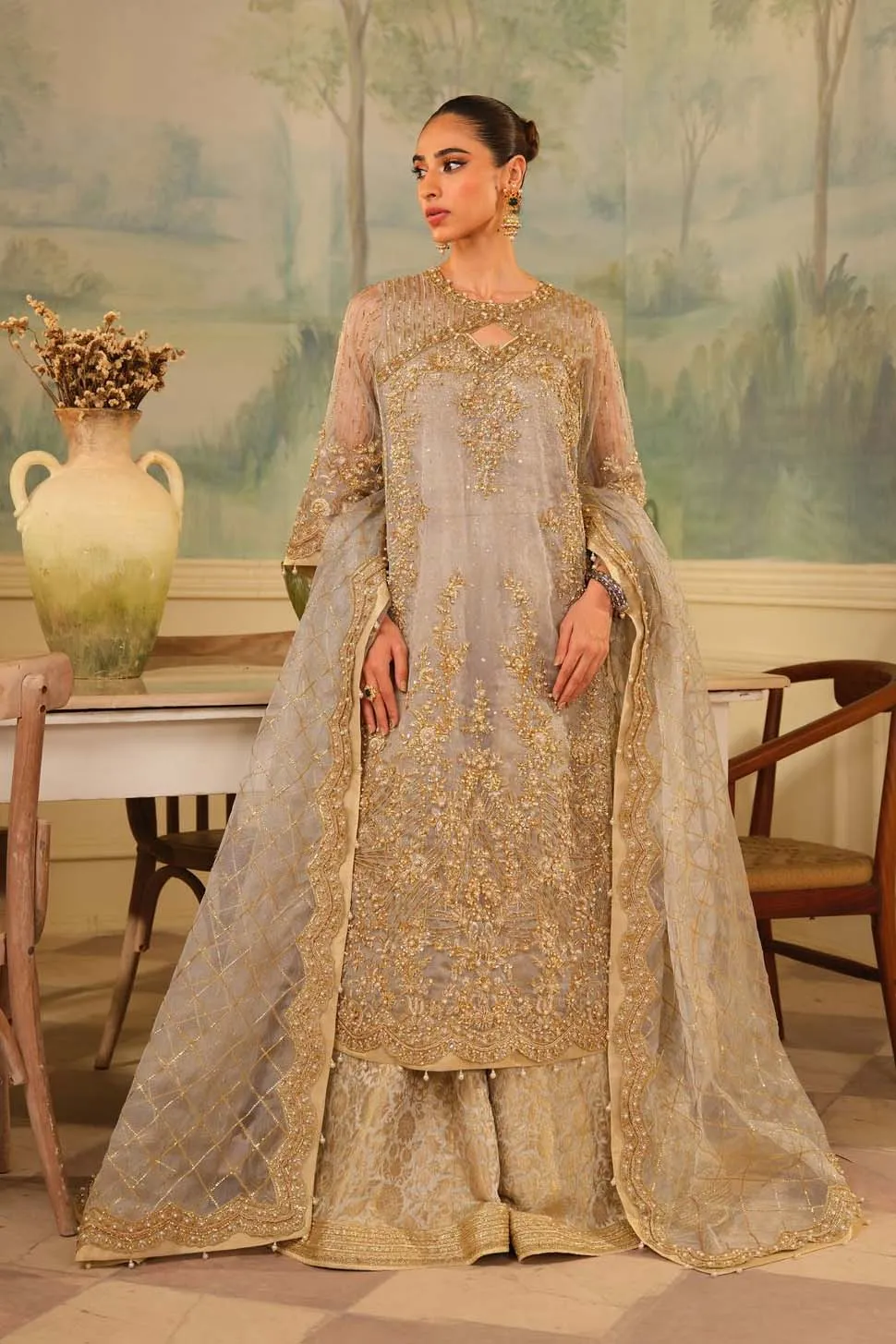 Luxury Embroidered Pakistani Wedding Dress in Kameez Gharara Style