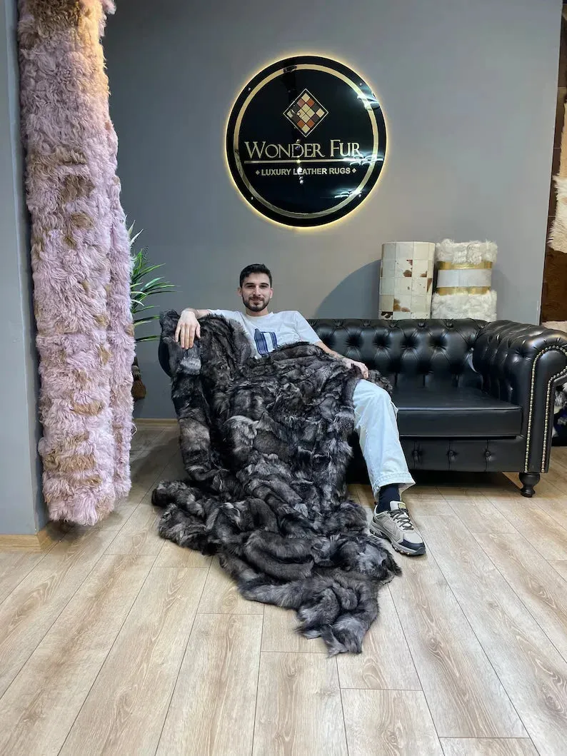 Luxury Genuine Leather Brown Sheepskin Fur Throw, Handmade Fur Blanket