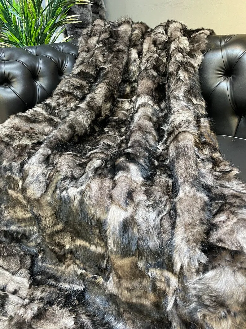 Luxury Genuine Leather Brown Sheepskin Fur Throw, Handmade Fur Blanket