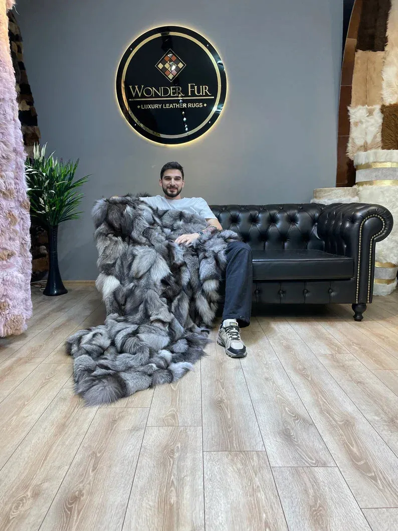 Luxury Gray Real Fox Fur Blanket, Handmade Cozy King Size Throw Blanket