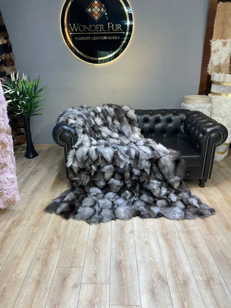 Luxury Gray Real Fox Fur Blanket, Handmade Cozy King Size Throw Blanket