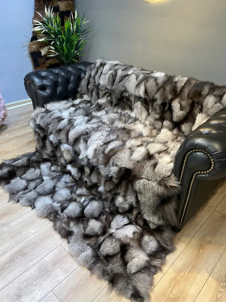 Luxury Gray Real Fox Fur Blanket, Handmade Cozy King Size Throw Blanket