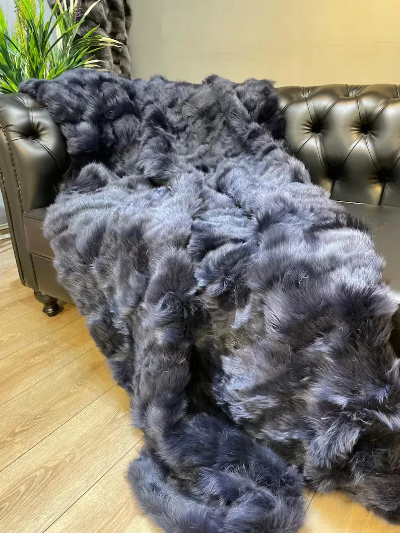 Luxury Real Fur Blanket, Handmade Natural Sheepskin Throw for Bedroom