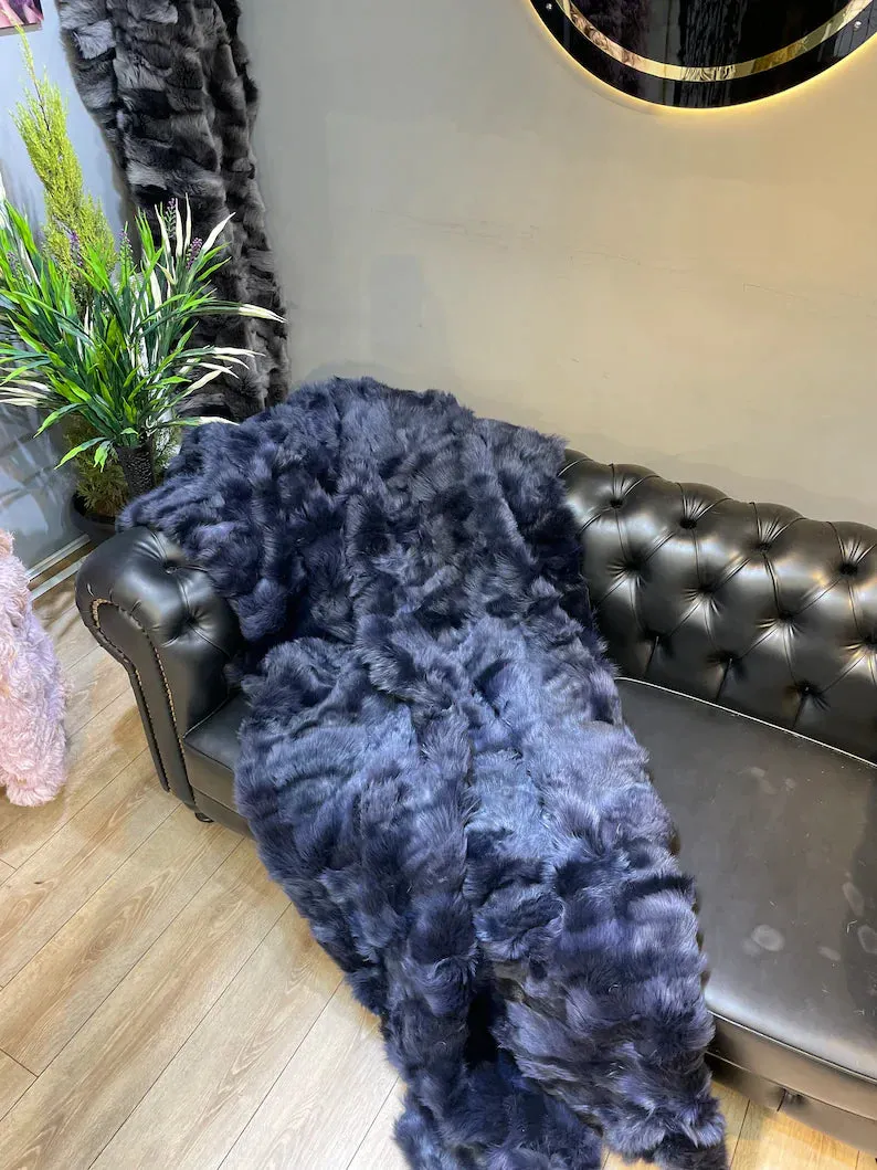 Luxury Real Fur Blanket, Handmade Natural Sheepskin Throw for Bedroom