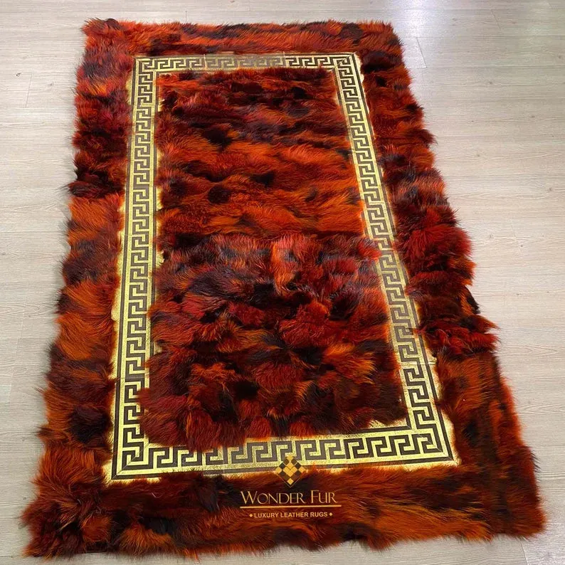 Luxury Red Ultra Soft Fluffy Genuine Fox Fur Area Rug for Bedroom