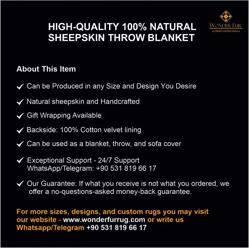 Luxury Sheepskin Natural Fur Blanket, Handmade Cozy Sofa Fur Blanket