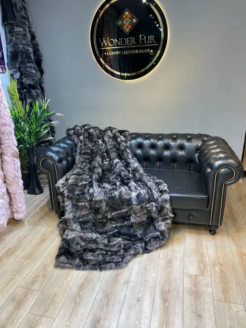 Luxury Sheepskin Natural Fur Blanket, Handmade Cozy Sofa Fur Blanket