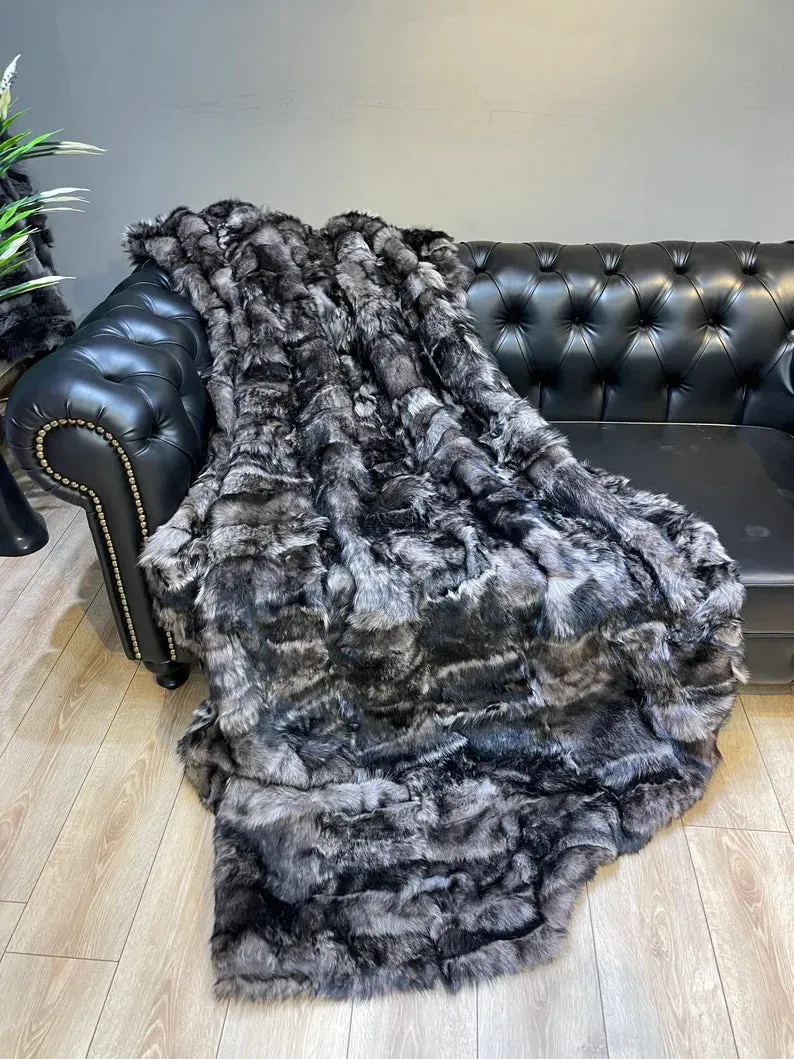 Luxury Sheepskin Natural Fur Blanket, Handmade Cozy Sofa Fur Blanket