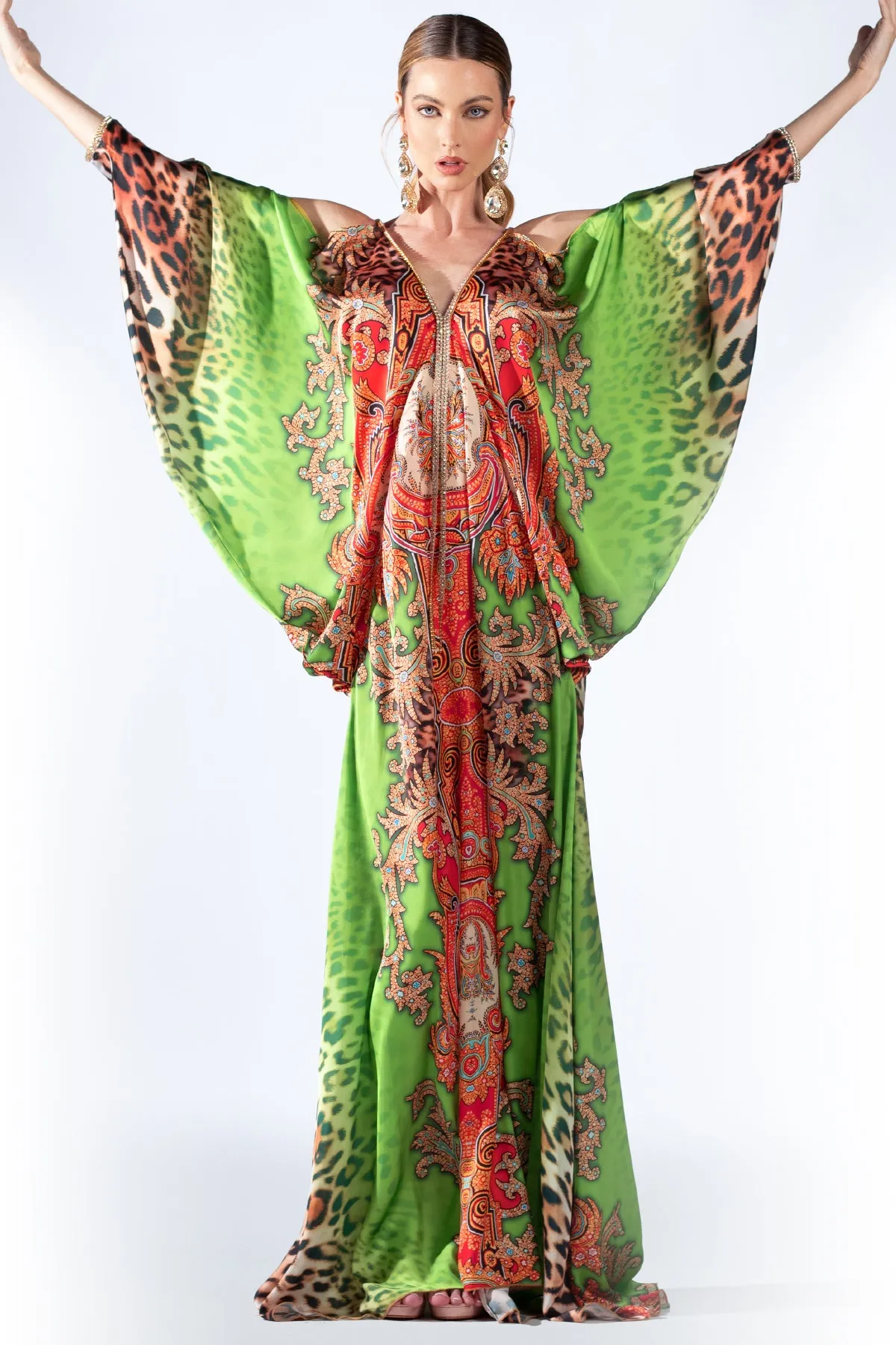 Maidy Orange Green Silk - Long Dress