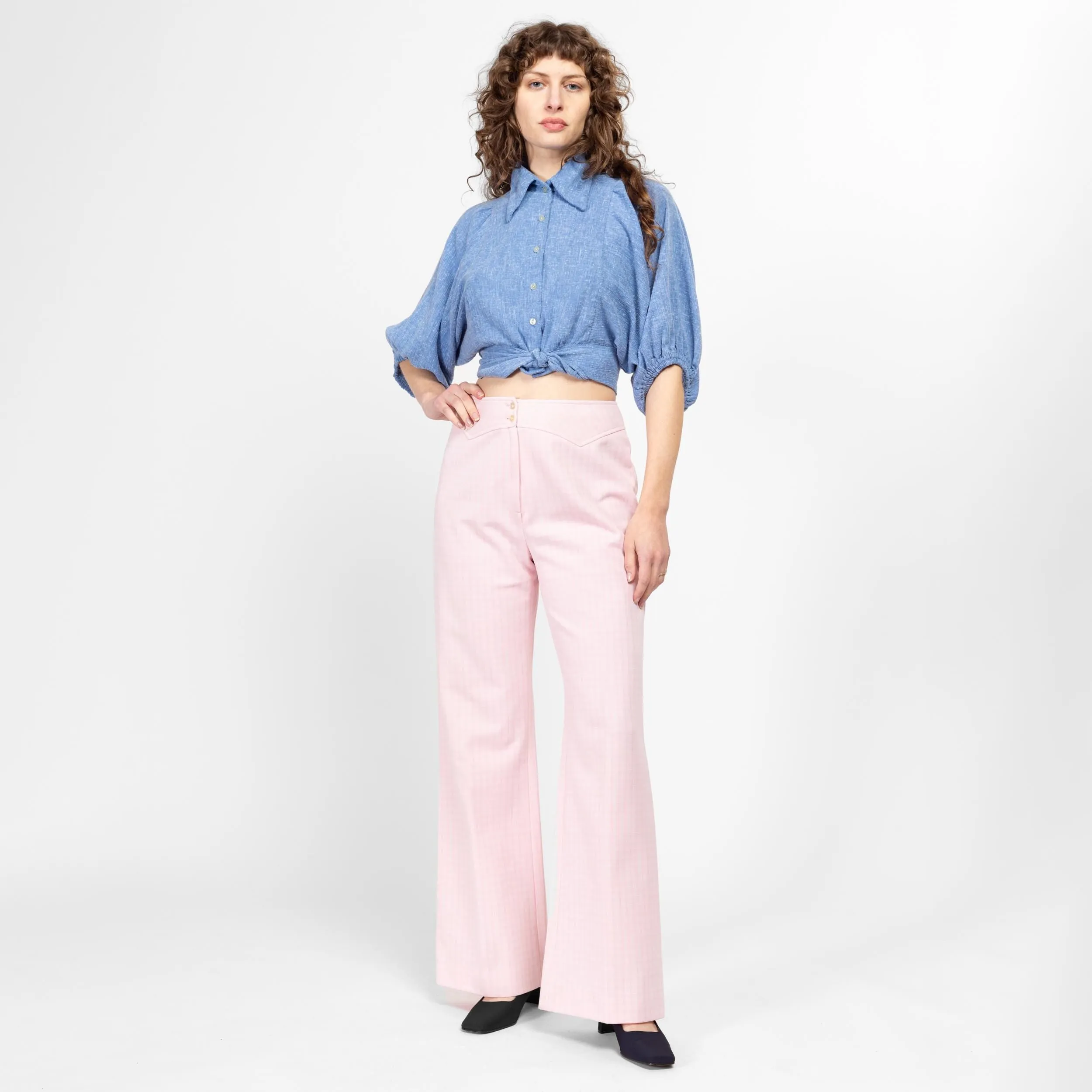 Medium 70s Pastel Pink Plaid Trousers 29"