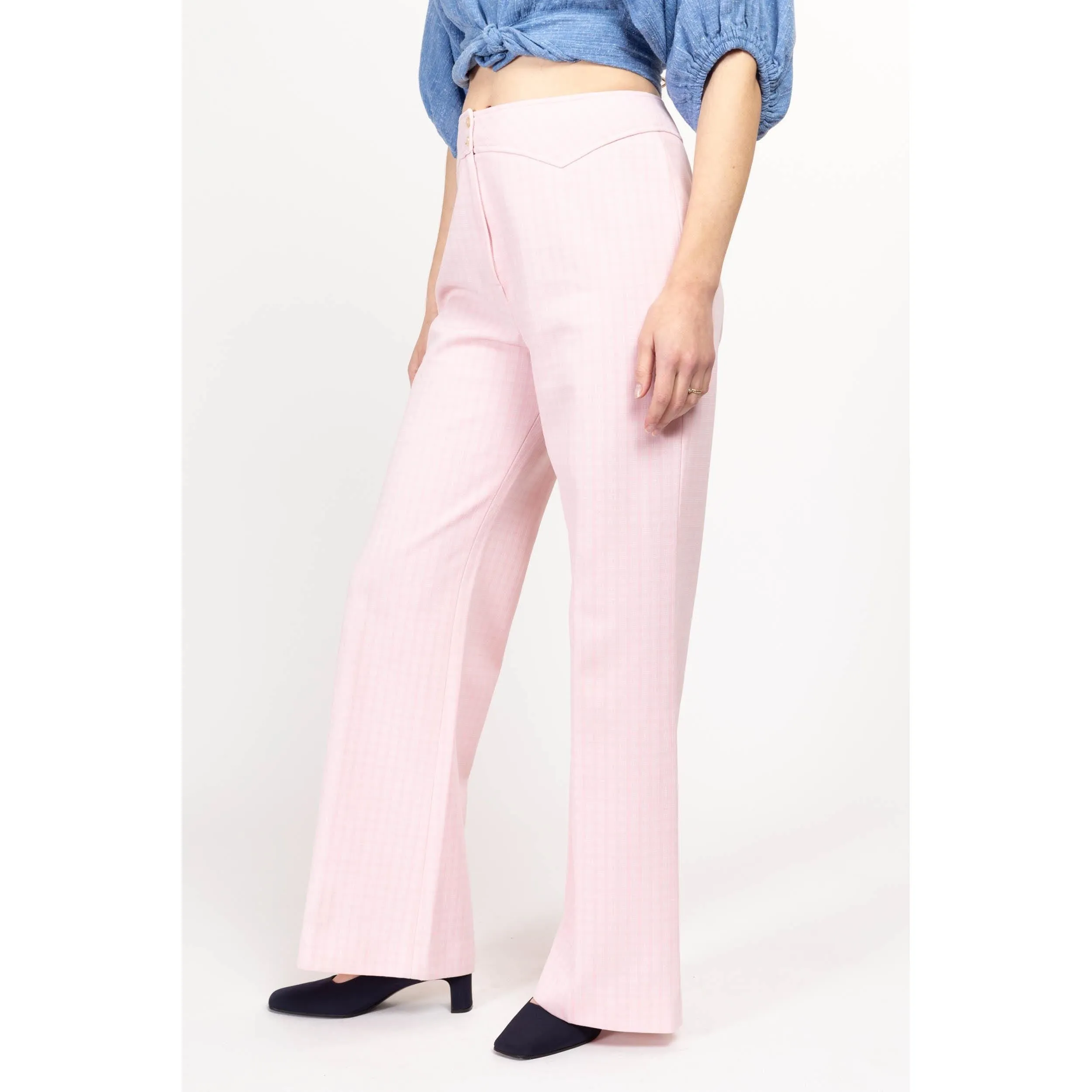 Medium 70s Pastel Pink Plaid Trousers 29"