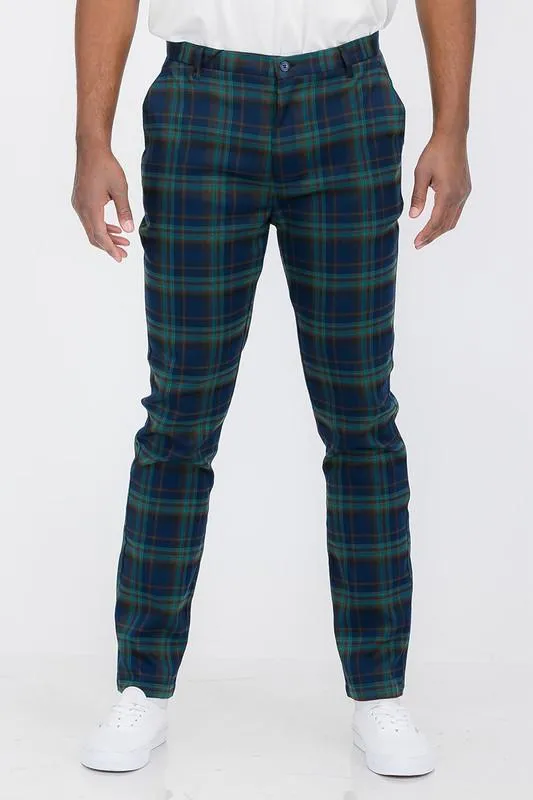 Mens Blue Green Plaid Trouser Pants