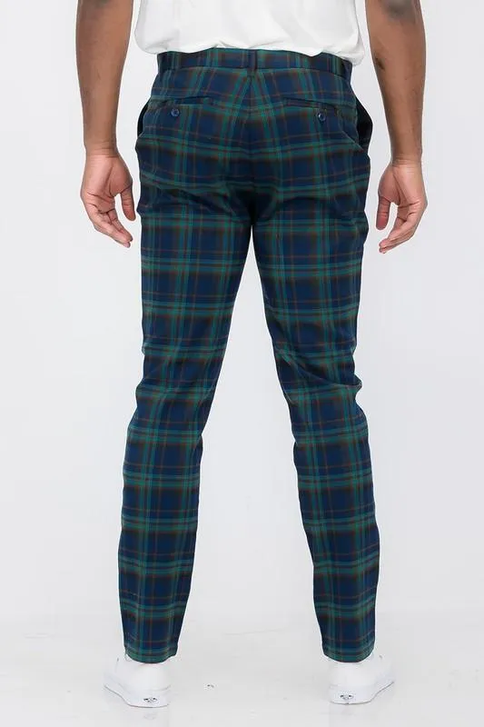 Mens Blue Green Plaid Trouser Pants