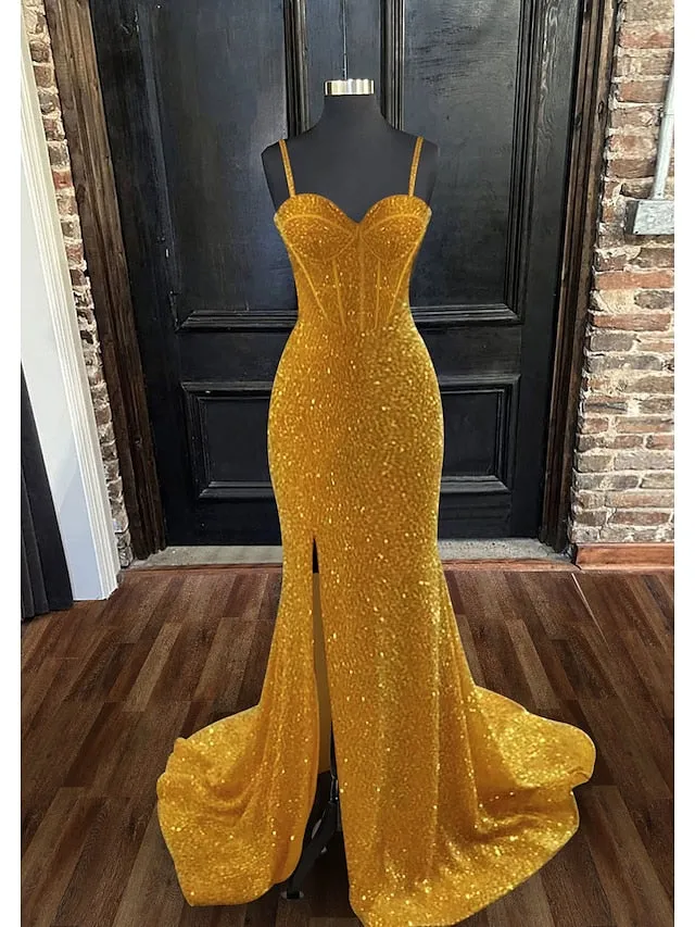 Mermaid / Trumpet Prom Dresses Sexy Dress Formal Sweep / Brush Train Sleeveless Sweetheart Sequined Backless with Sequin Slit 2023