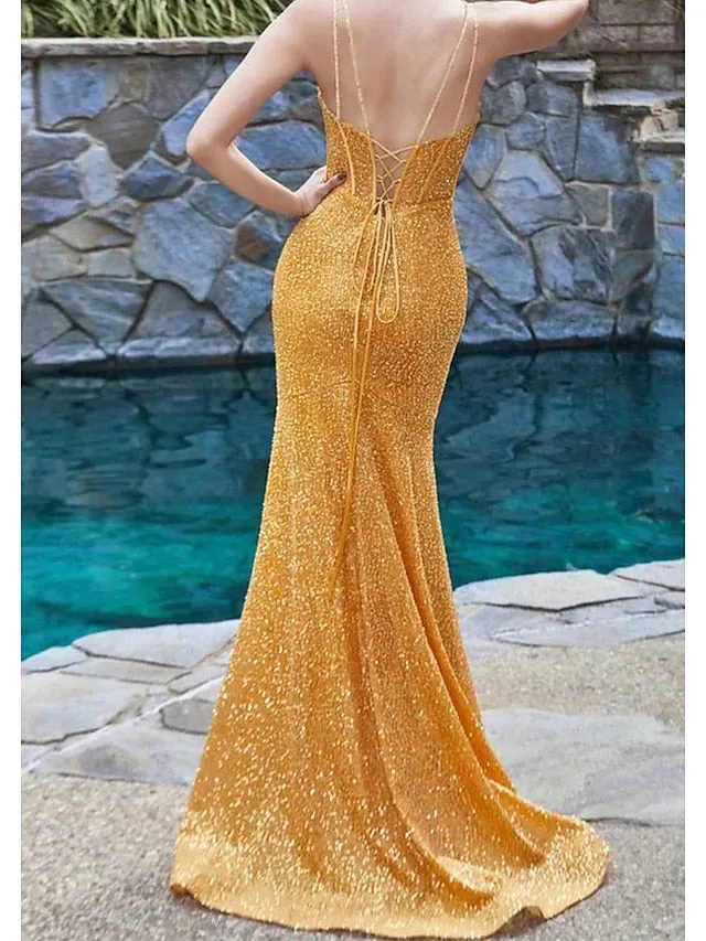 Mermaid / Trumpet Prom Dresses Sexy Dress Formal Sweep / Brush Train Sleeveless Sweetheart Sequined Backless with Sequin Slit 2023