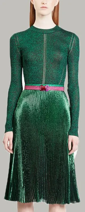 Metallic Knit Stretch Sweater & Long Pleated Skirt in Green or Wine Red