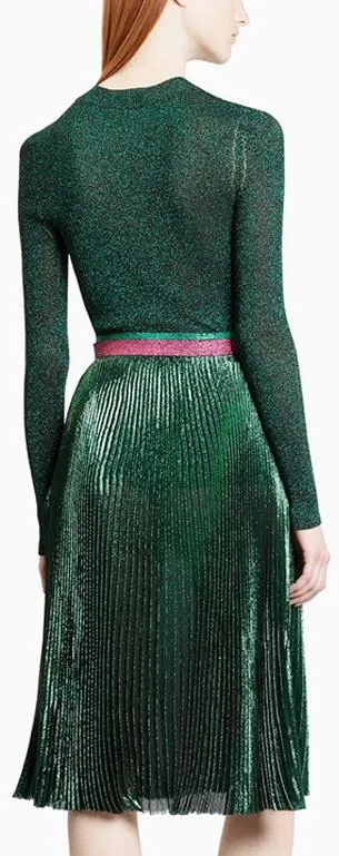 Metallic Knit Stretch Sweater & Long Pleated Skirt in Green or Wine Red