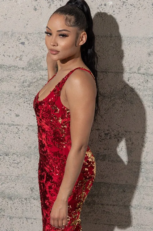 MIDI, STRETCHY SEQUINS VELVET BODYCON DRESS