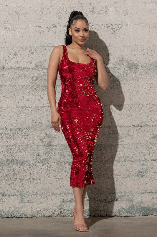 MIDI, STRETCHY SEQUINS VELVET BODYCON DRESS