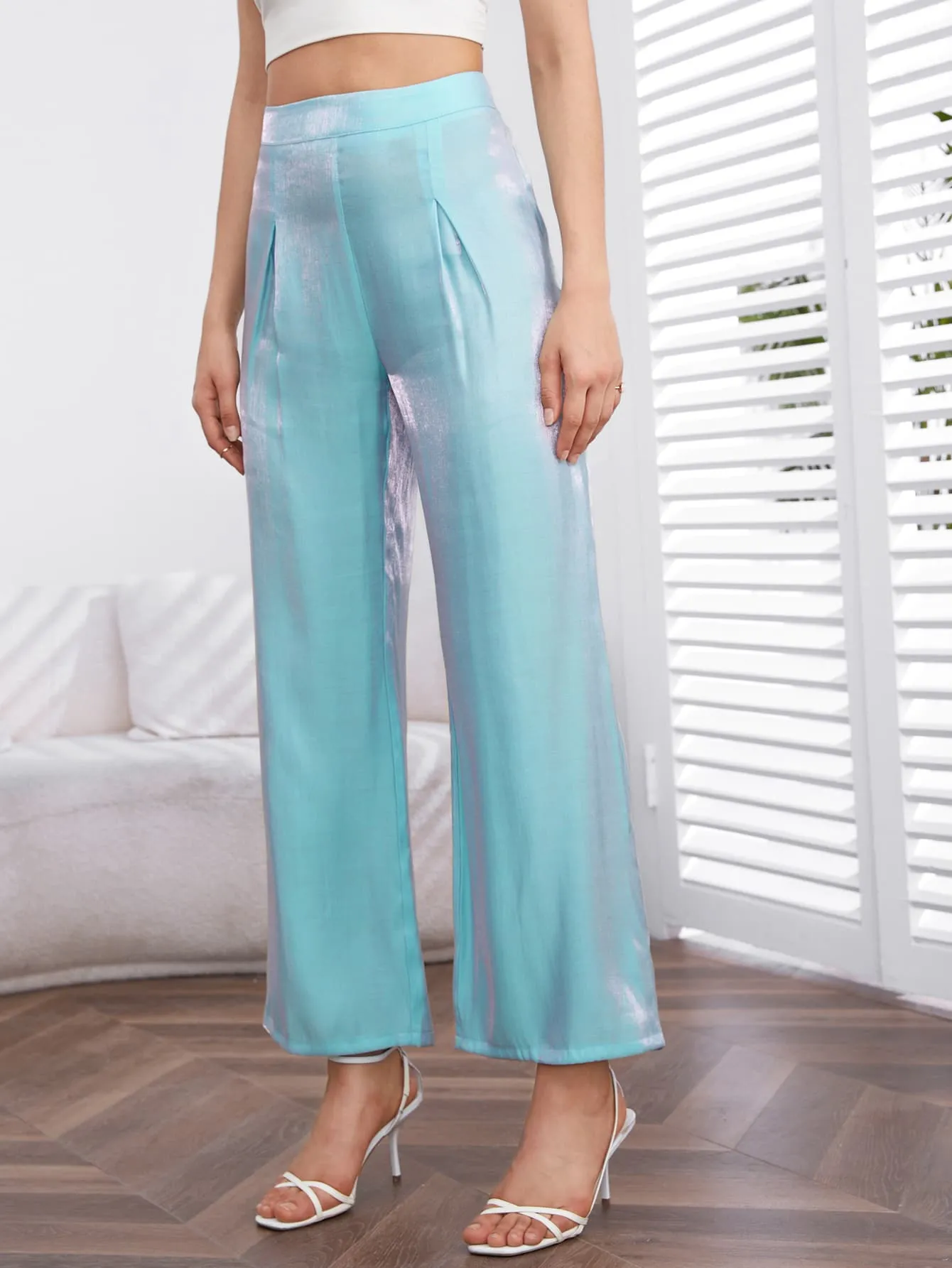 Mint Blue Fold Pleated Hologram Wide Leg High Waist Pants